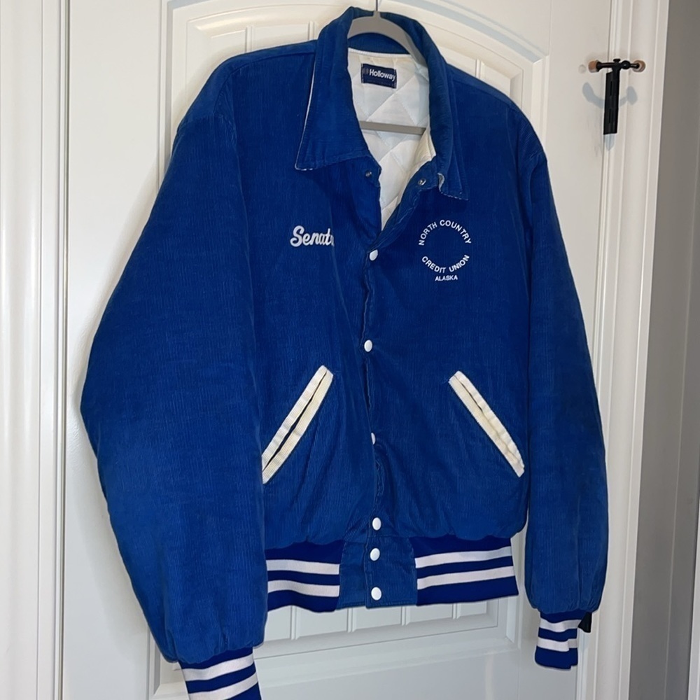 Rare Vintage blue corduroy trucker jacket coat embroidered Senator Alaska L/XL - Picture 2 of 16